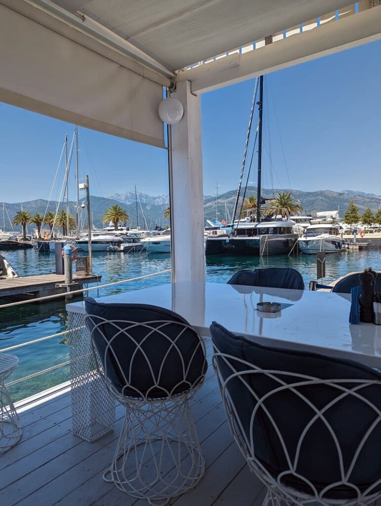 Luxury view from the waterfront pier in a café, Al Posto Giusto, in Porto Montenegro