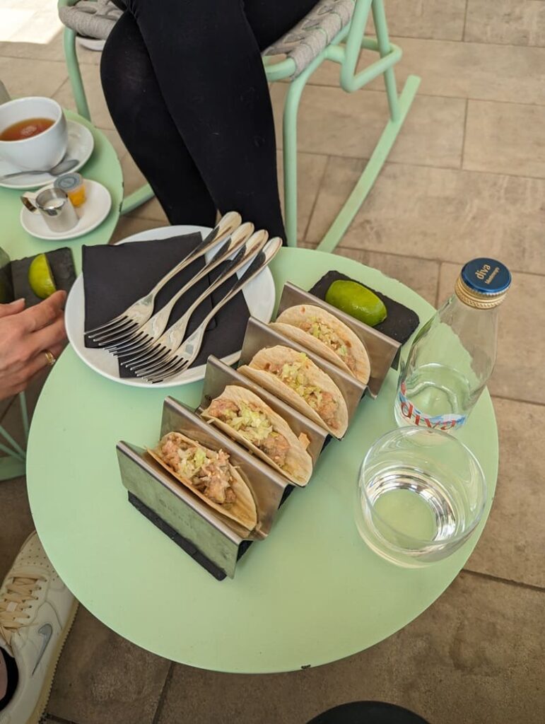 Close-up of tuna tartar tacos served at a waterfront café, Koffein, in Portonovi, Montenegro