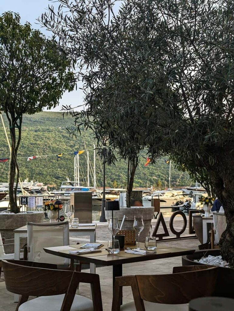 Luxury, scenic, boho view of the marina and waterfront from Noa restaurant in Porto Montenegro