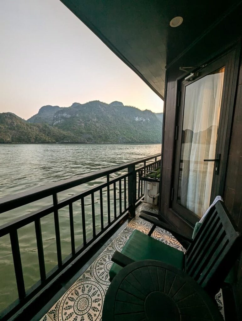Beautiful balcony view from 5* luxury cruise on Ha Long Bay, Vietnam.