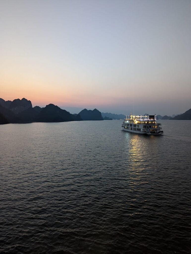Beautiful Ha Long Bay sunset view in Vietnam.