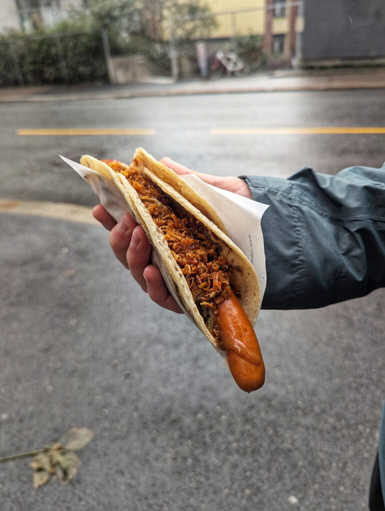 Traditional Norwegian hotdog from Syverkiosken kiosk, Oslo's Food Scene, Norway