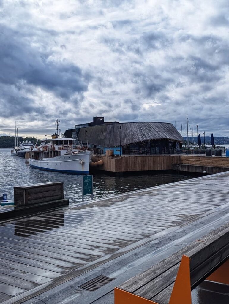 View of waterfront restaurant on the Oslo Fjords, Norway.