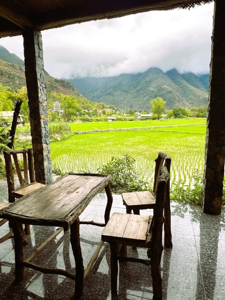 Mai chau countryside homestay showing rice field views from the restaurant
