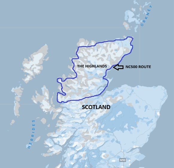 Map of Scotland showing NC500 Route