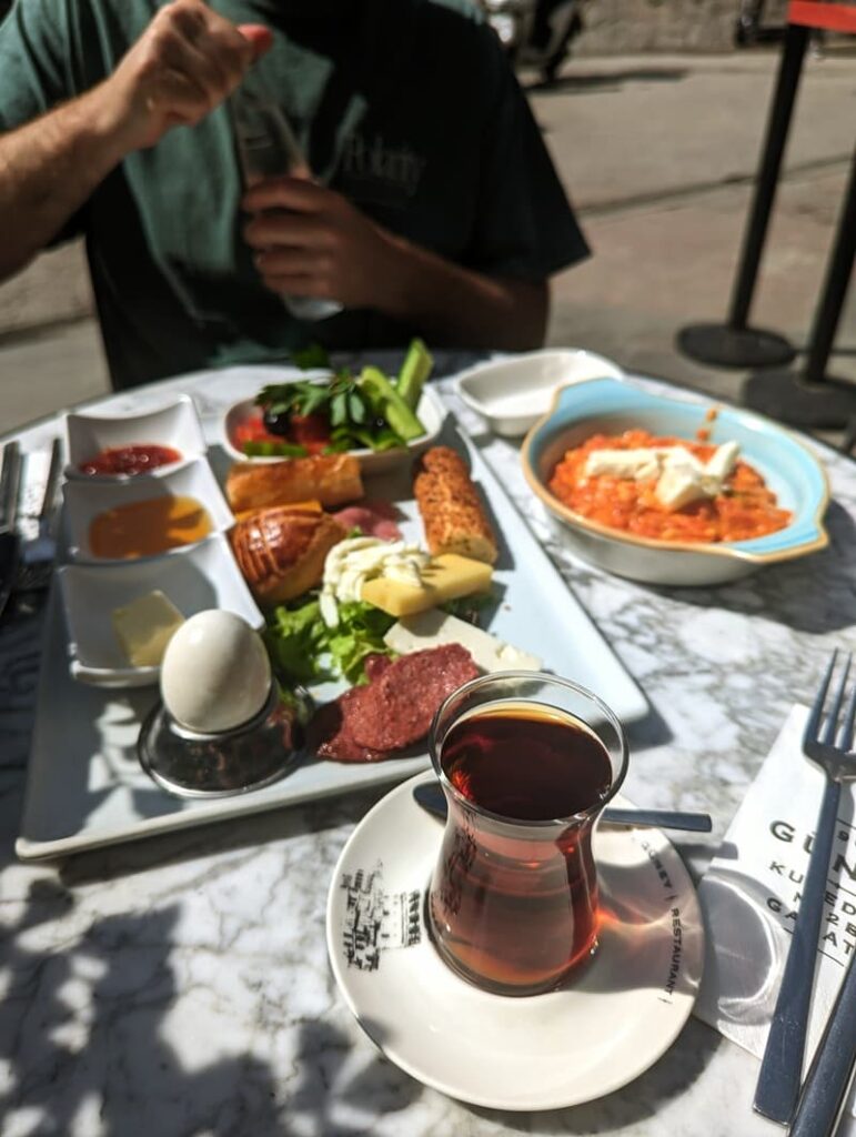 Traditional turkish breakfast at guney restaurant, galata, istanbul