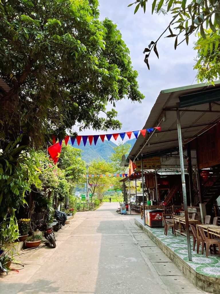 The streets of mai chau showing shops and cafes